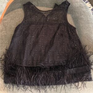 Black Sleeveless Top with Feather Trim